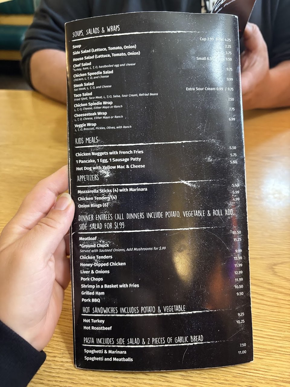 Menu page listing comfort food favorites