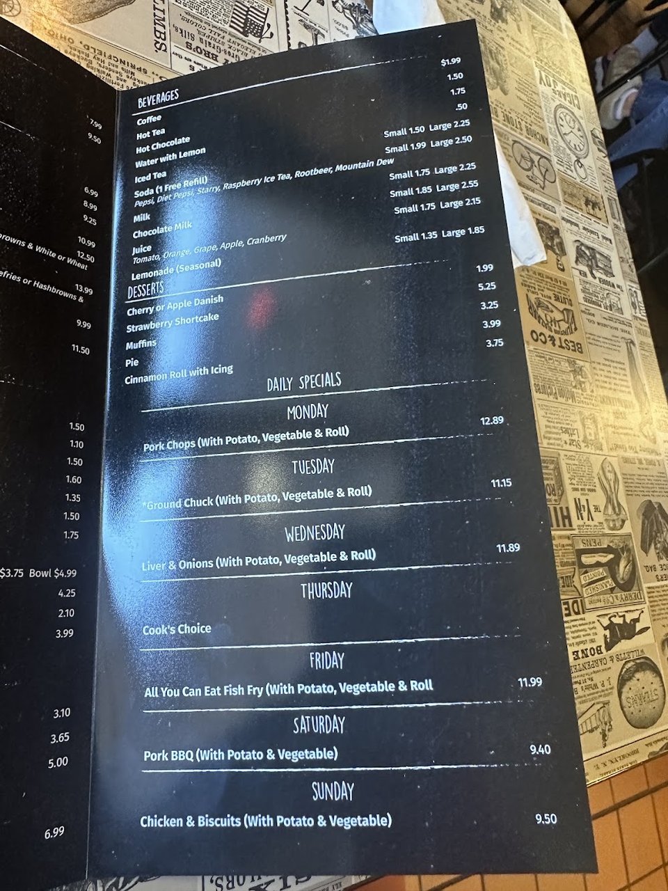 Breakfast menu with coffee and pancakes